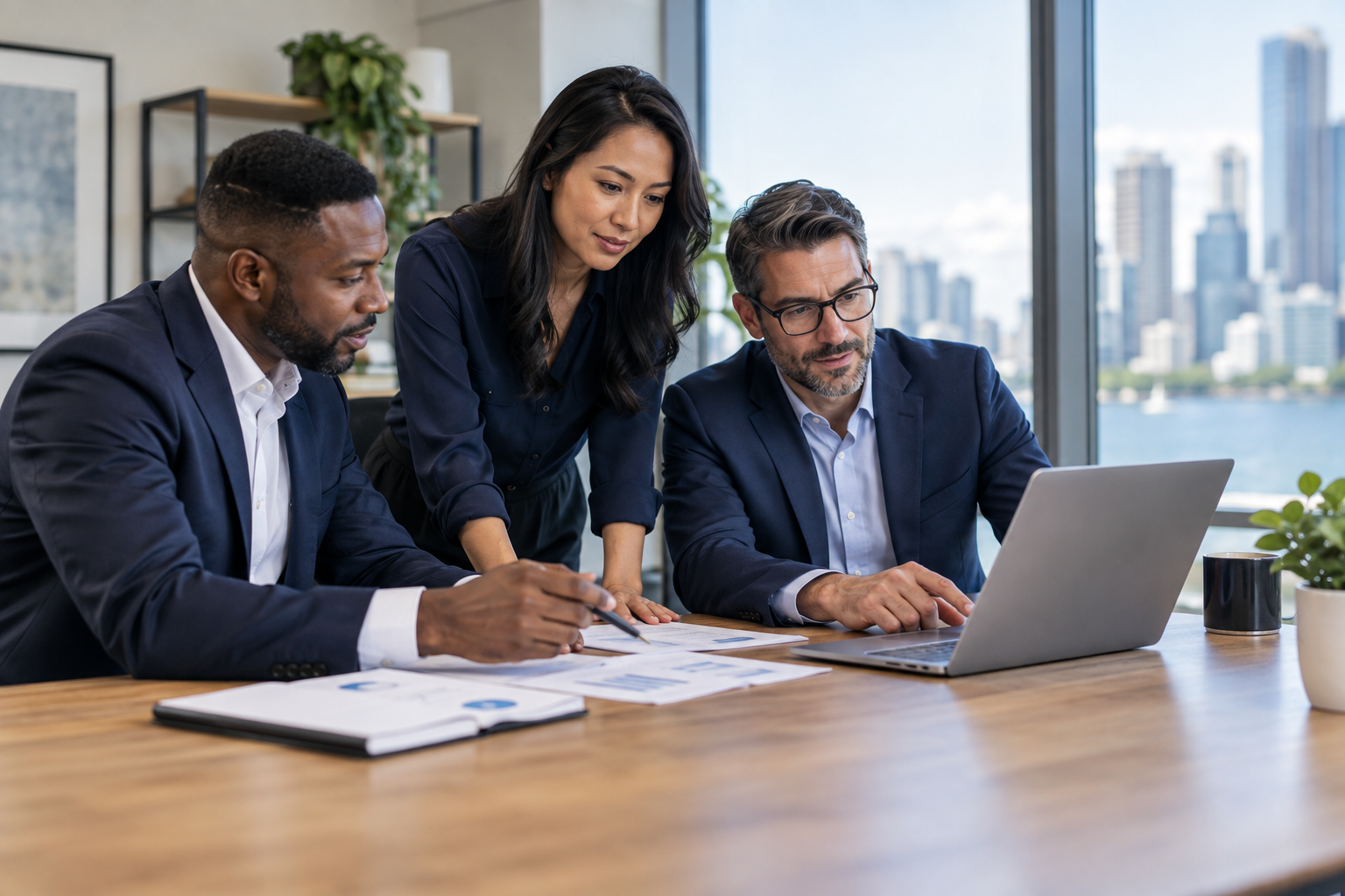 Consultants collaborating over a laptop and workflow documents