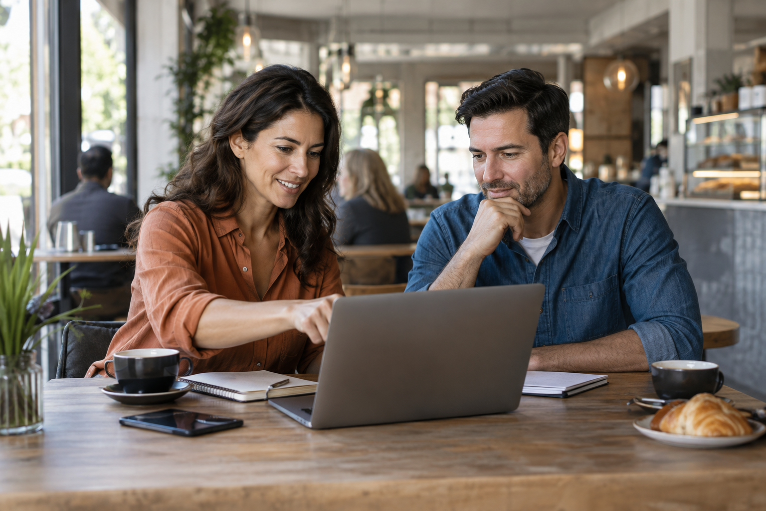 Small business collaborators reviewing work together in a cafe